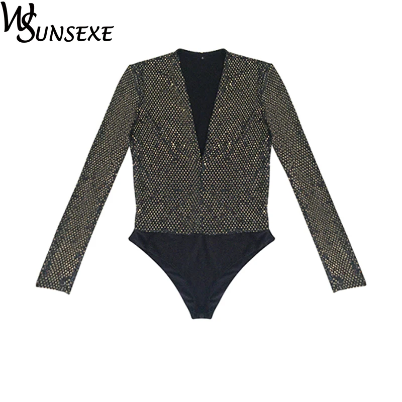 Женское боди с блестками и глубоким V образным вырезом длинным рукавом|bodysuit for