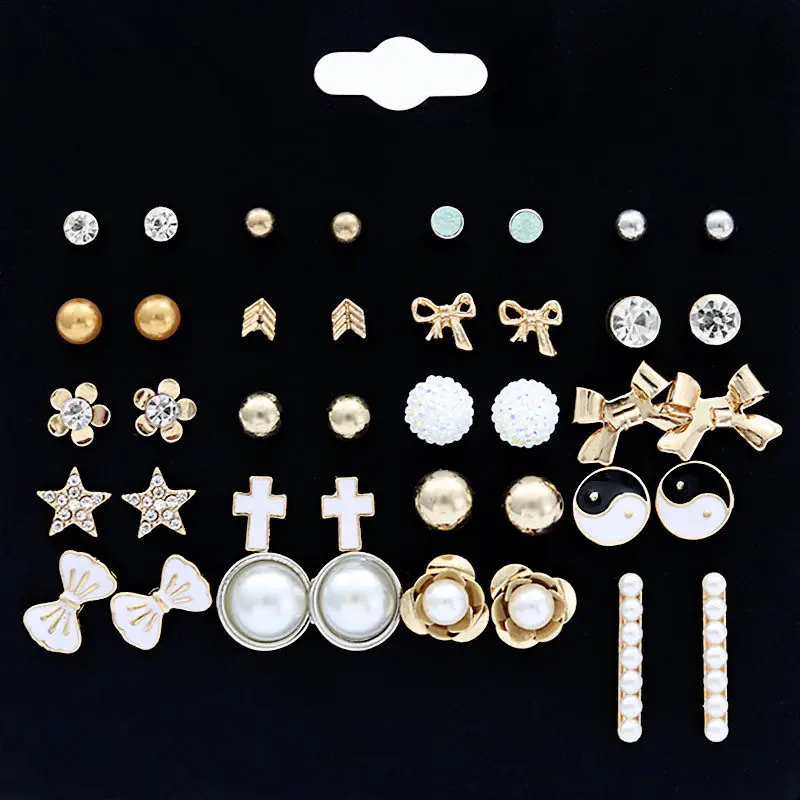 20Pairs/Pack Korea Trendy Simulated-pearl Stud Earrings Set For Women Cute Crystal Heart Enamel Bowknot Pendenties | Украшения и