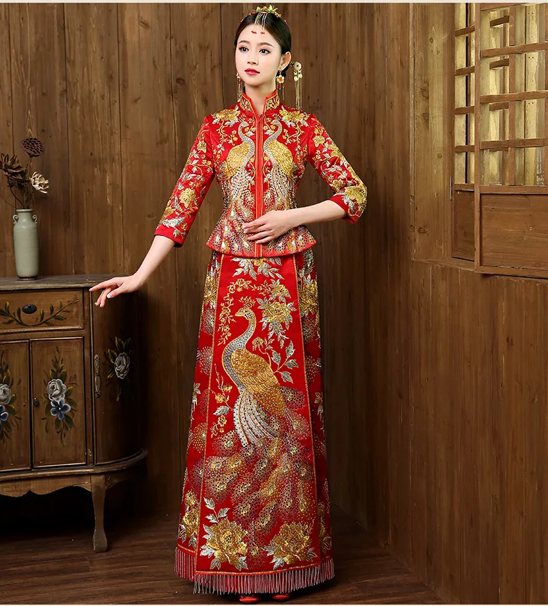 

Traditional Chinese Wedding Dress Embroidery Cheongsam Long Qipao Dresses China Clothing Store Vetement Chinois Femme