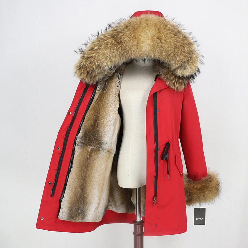 red natural OFTBUY, водонепроницаемая парка, зимняя куртка, Женское пальто с натуральным мехом енота, воротник с манжетами, подкладка из кроличьего меха, роскошный бренд - Цвет: red natural