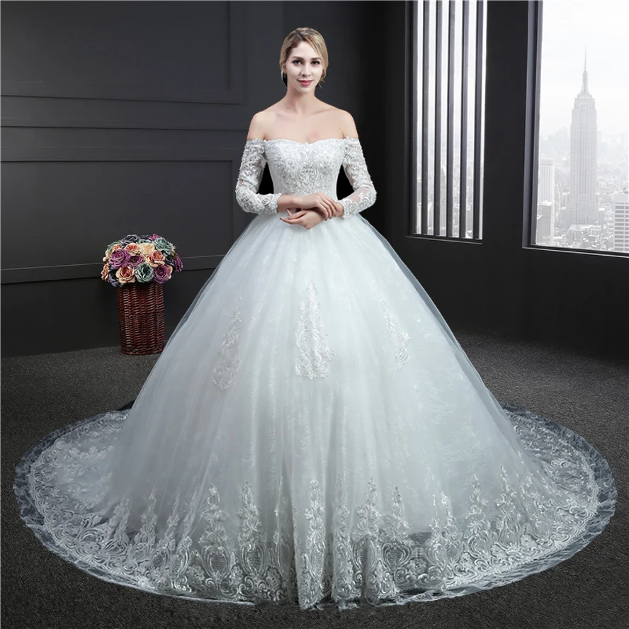 Robe de soiree Новое вышитое блестками кружевное свадебное платье с рукавом три четверти цвета слоновой кости белое свадебное платье реальные фотографии