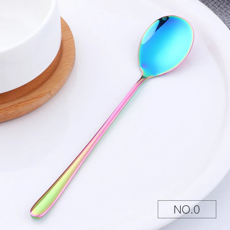 Rainbow no.0-1Pc 1 шт., Корейская ложка, десертная ложка из нержавеющей стали, Золотая столовая ложка, круглая ложка для супа, посуда с длинной ручкой, портативный набор, вечерние инструменты - Цвет: Rainbow no.0-1Pc