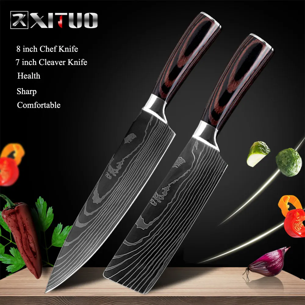 2 PCS Value set XITUO 8 дюймов японские кухонные ножи лазерный дамасский узор нож шеф-повара острый Santoku Кливер нож для нарезки нож инструмент EDC - Цвет: 2 PCS Value set