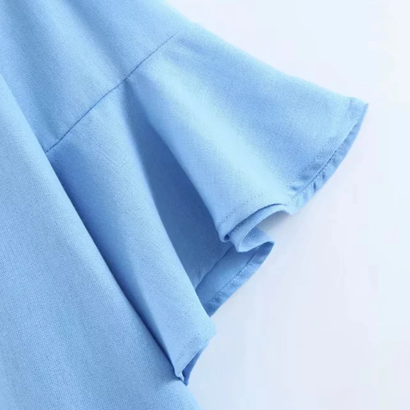 Женское повседневное голубое мини платье Za хлопковое льняное с вырезом лодочкой