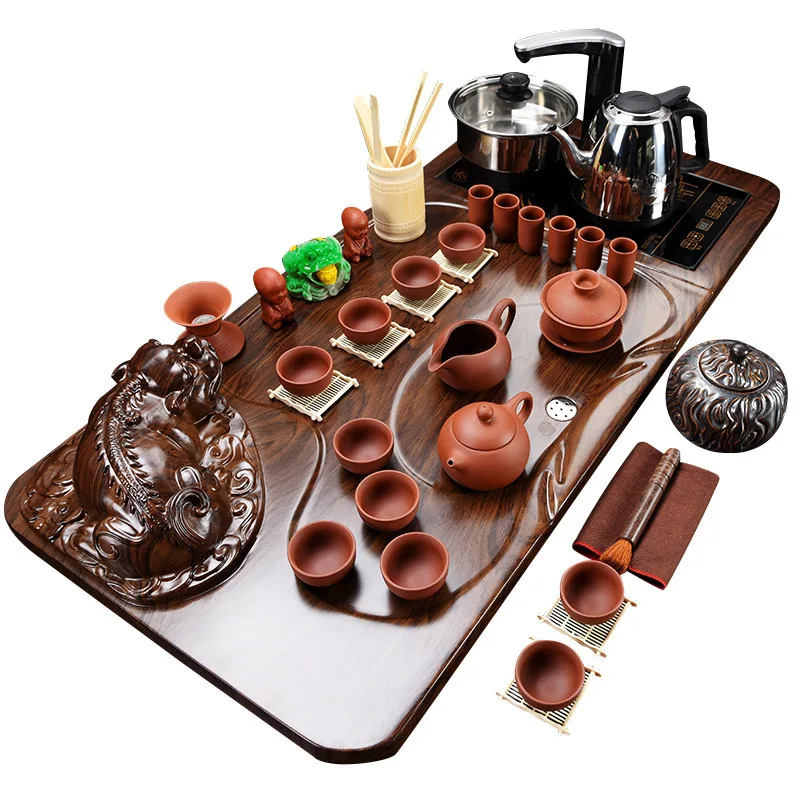 

Semi-automatic Lazy Zisha Kungfu Tea Set Solid Wood Tea Plate Four in One Electromagnetic Furnace Set