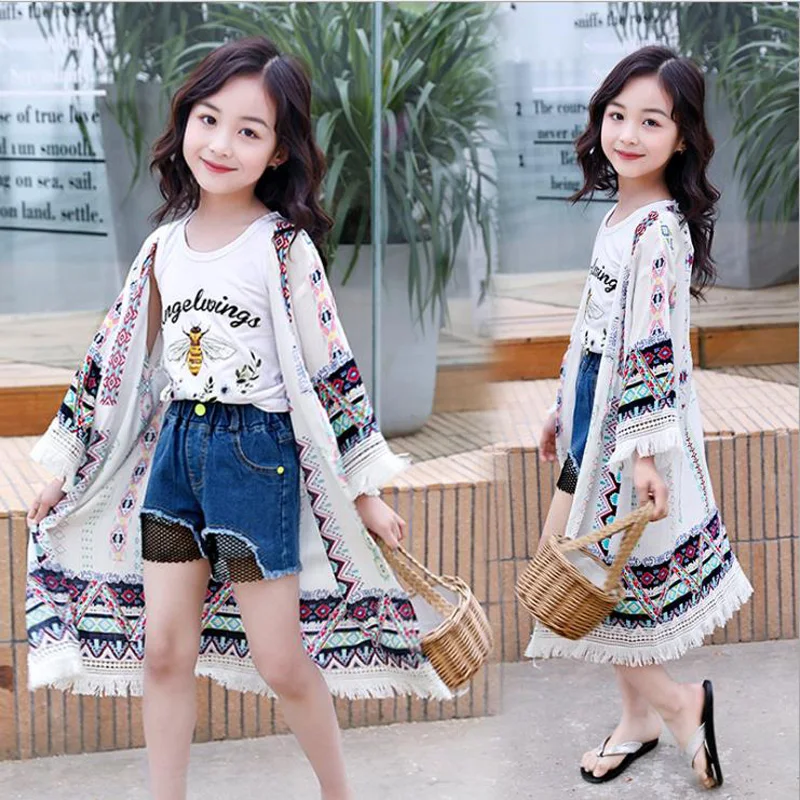 Children Girls Thin Coat Outerwear Blouse Cardigan Fashion Clothing Summer Outwear for Girl Sun Protection 13 years Flower White | Детская