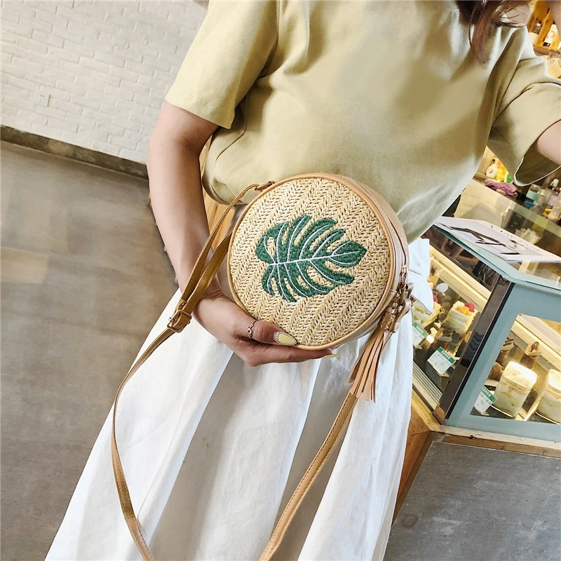 EaseHut Boho женские круглые соломенные сумки с вышивкой в виде листьев ананаса винтажные праздничные летние пляжные Дикие повседневные маленькие плетеная Сумка из ротанга
