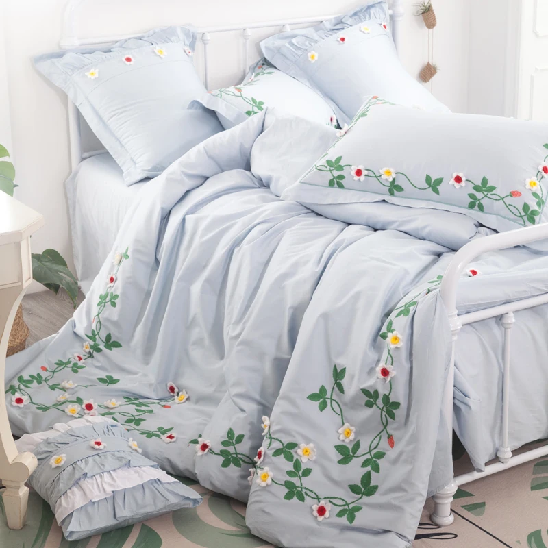 

4Pcs Bed Sheet Pillowcase Duvet cover set Blue Luxury Princess style Bedding sets king queen size Bedlinen 100% Egyptian 40