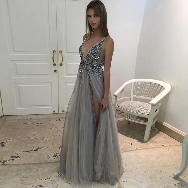 Brand Designer 2019 Evening Dresses V Neck Split Sexy Robe de soiree Floor Length Chic Beading Prom Gowns Custom Vestido longo | Свадьбы и