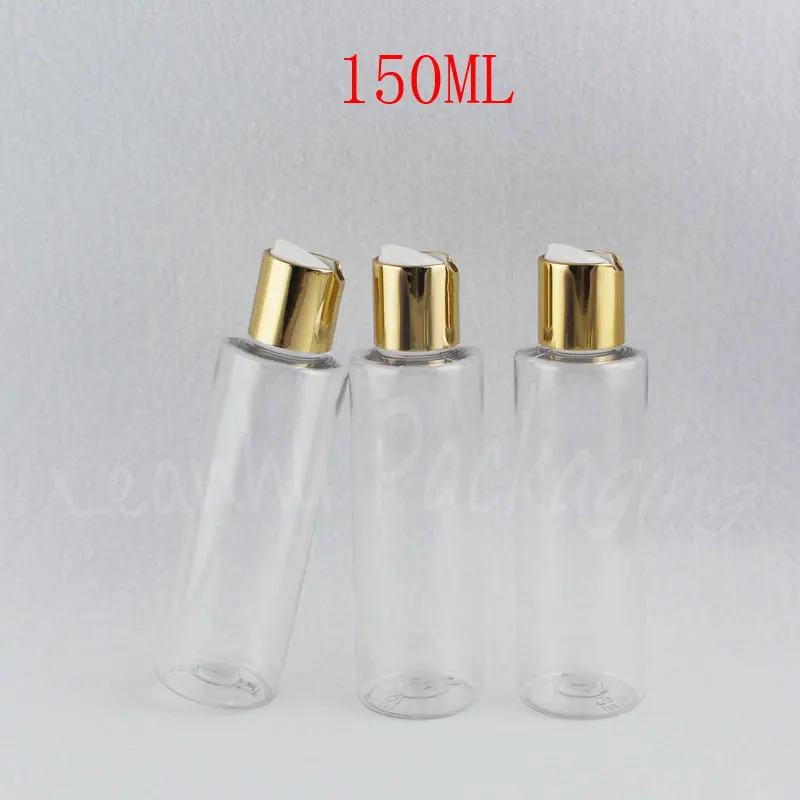 150ML Transparent Plastic With Gold Disc Top Cap , 150CC Lotion / Shampoo Packaging Bottle , Empty Cosmetic Container