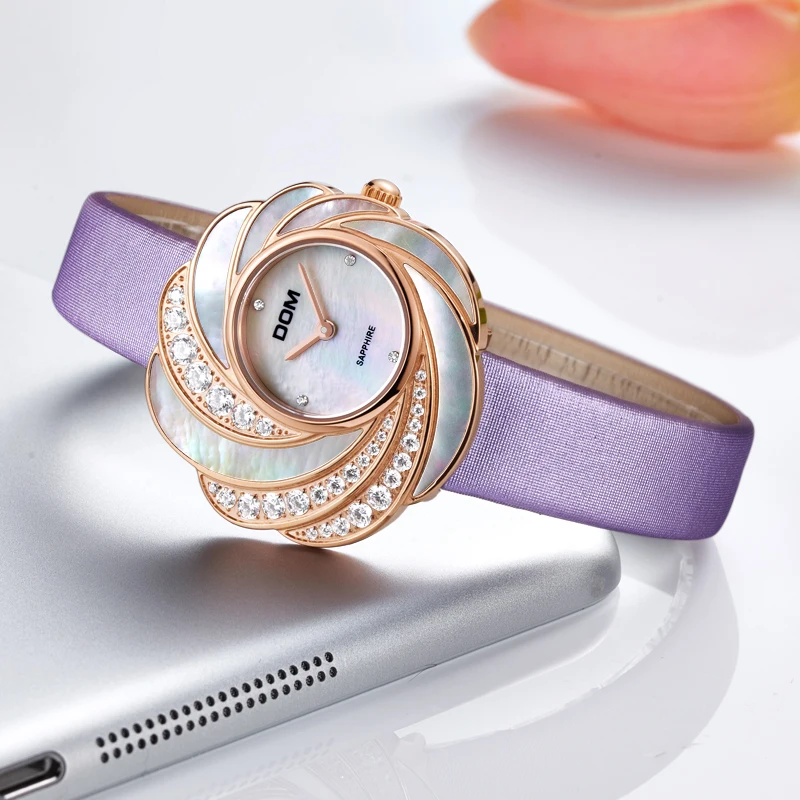 DOM Для женщин кварцевые часы кожаный ремешок Топ бренд класса люкс кристалл