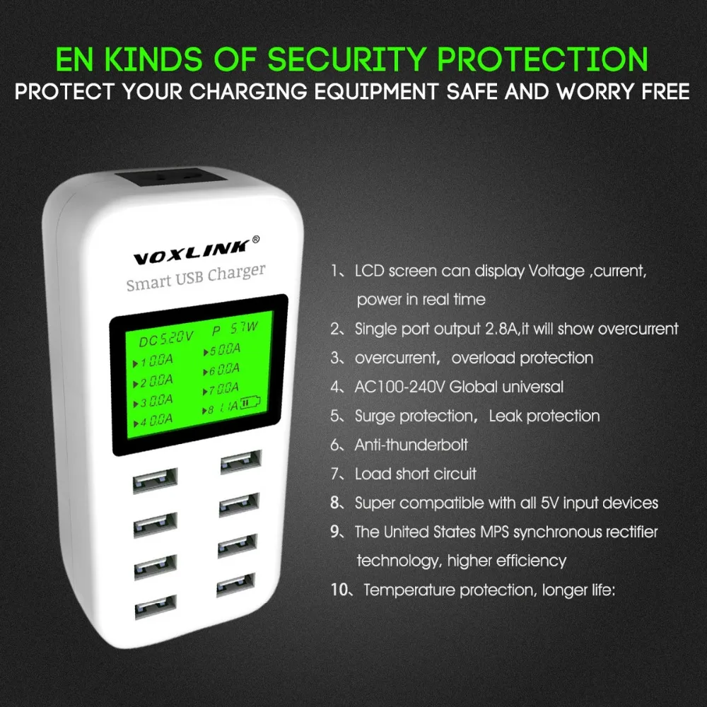 Voxlink 5 В/8a USB Зарядное устройство 8 портов Desktop Мощность адаптер с ЖК-дисплей