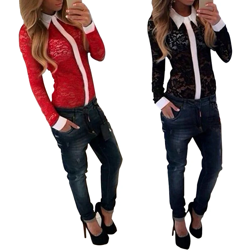 New Sexy Fashion Womens Lace stitching Loose Chiffon Shirt Button Tops Long Sleeve Casual Blouse Q1804 |