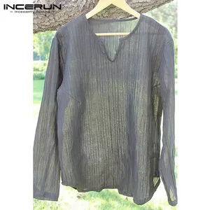 Мужская рубашка в китайском стиле INCERUN, повседневная однотонная винтажная рубашка с длинным рукавом и v-образным вырезом, осень 2020, 5XL, большие размеры