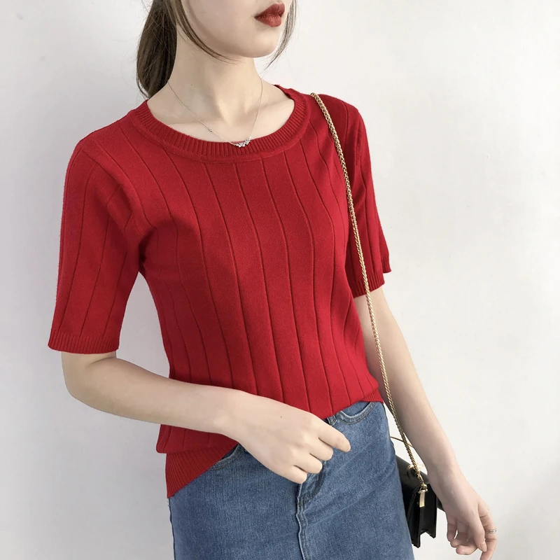 

New Summer Women T Shirt Fashion Knitted Women Shirt O-Neck Female Casual Cotton T-shirt Plus Size Female Tee Shirt