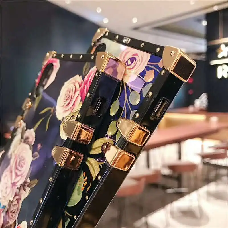 Luxury Brand Blue Ray Rose Flower Case for iphone X XR XS Max Metal Square Phone Cases iPhone 8 7 6 6s Plus Stand Cover |