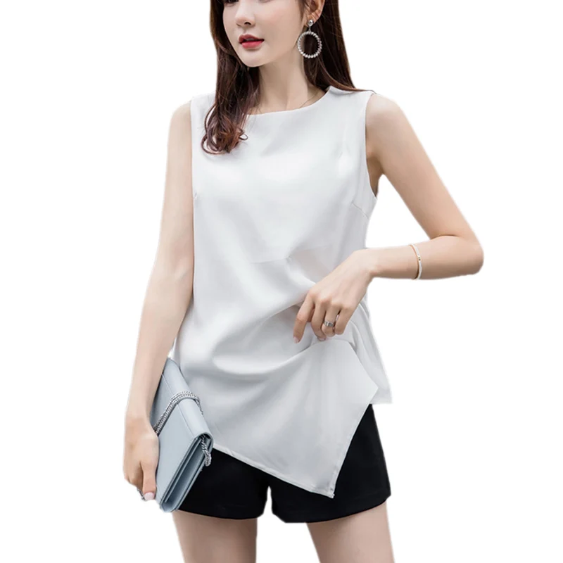 

Korean Fashion Design Irregular Fold Black White T Shirt Women Summer Tops 2019 Slim Sleeveless Elegant T-Shirt Female Tees