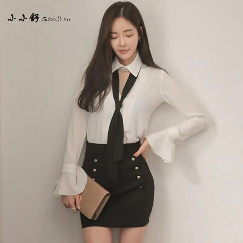 Женское платье рубашка с V образным вырезом черное офисное мини расклешенным