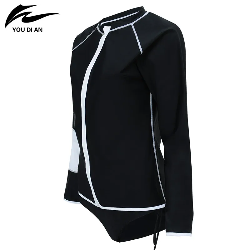 2017 New Zipper Female Long Sleeved Round Collar Swimsuits Black Blue Match Color Two-Piece Set Swimwear Beach Wear For Women | Спорт и