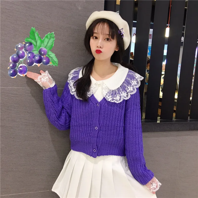

Spring Women's 2019 New Japanese Sweet Splice Lace Shirt + Pleated Skirt + Cardigan Sweater Kawaii Casual Three-Piece Set