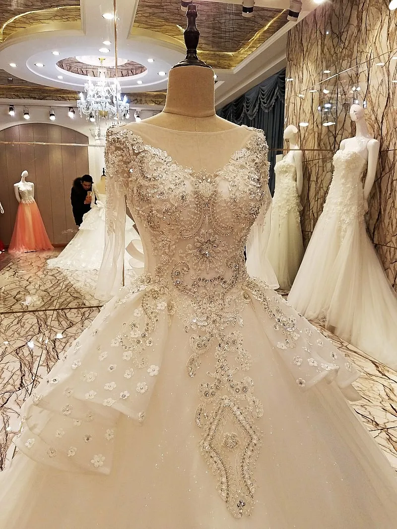 LS70057 свадебное платье с рукавами2018 mangas completas arco espalda con cordones espalda piso longitud vestido de bola de encaje vestidos de novia organza fotos reales