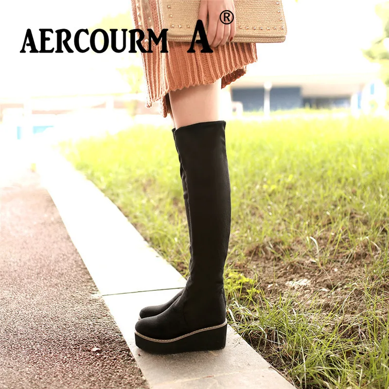 Aercourm A/женские осенние сапоги выше колена женские сапоги из флока на платформе зимние сапоги ручной работы без застежки обувь винно-красного, черного, синего цвета