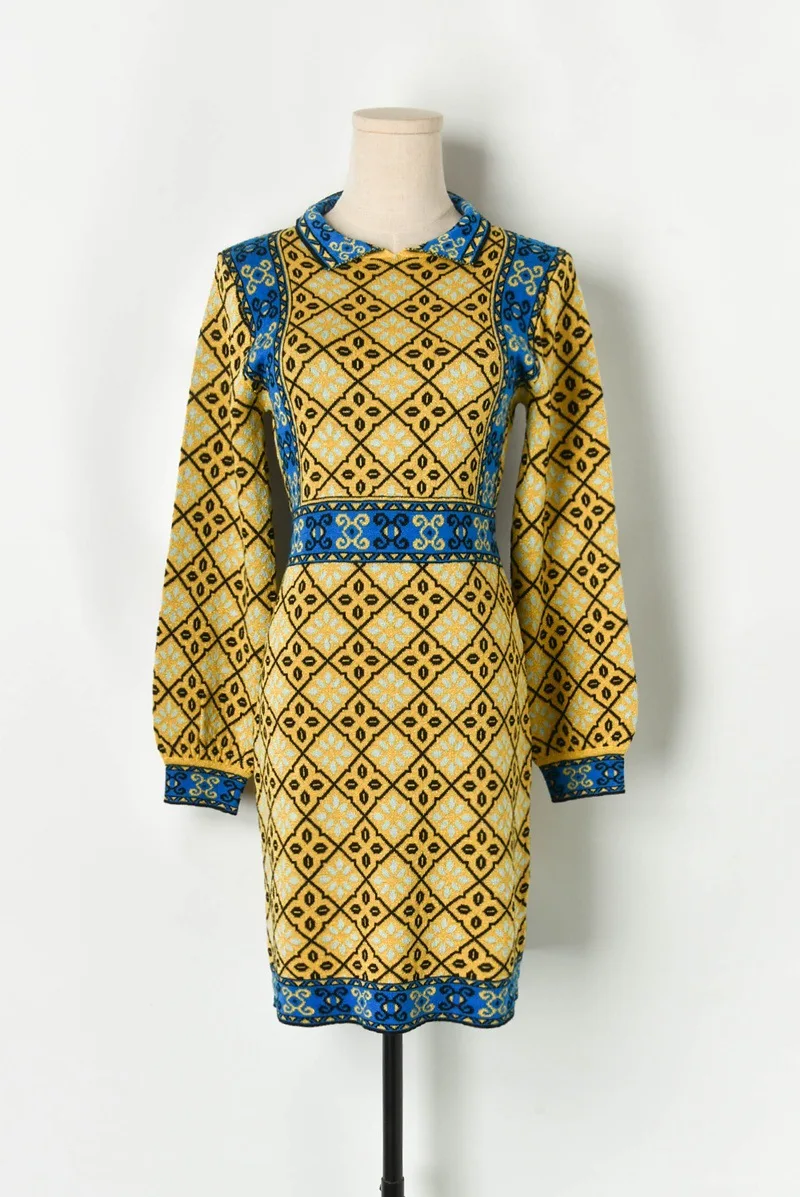 Европейский стиль винтаж женщин свитер платье 2019 осень зима отложным воротником