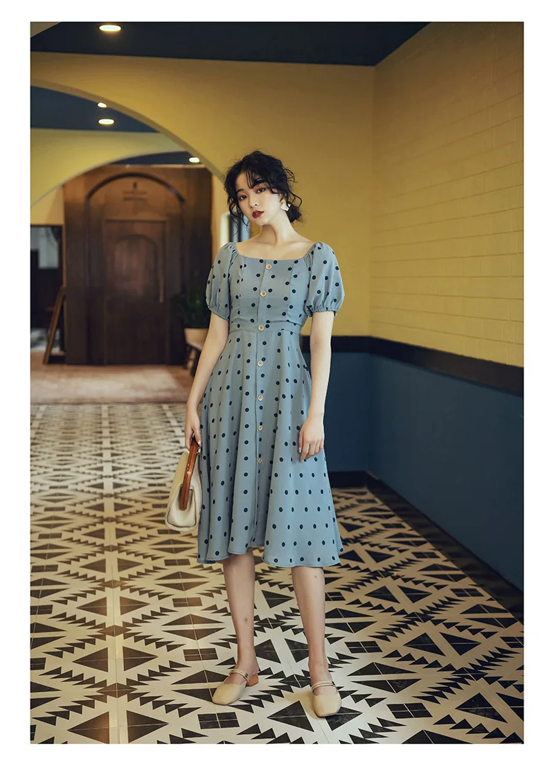 2019 новые модные женские платья Летние Ретро в горошек платье с квадратным