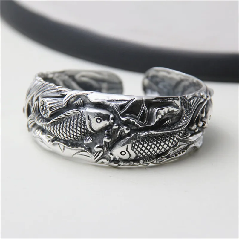 

JINSE Antique Thai Silver Bangles 100% S990 Sterling Silver Carp Fish Carved Bracelet Bangle For Men Women Jewelry 25mm 45G TYC0