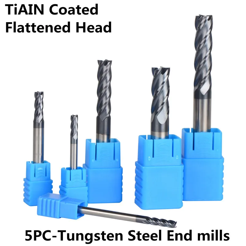 

Tungsten Steel Flattened End mills 5pcs/lot 4-Flute Diameter 1-12mm, HRC45 TiAIN Coated Spiral Bit Milling Tools Router bits