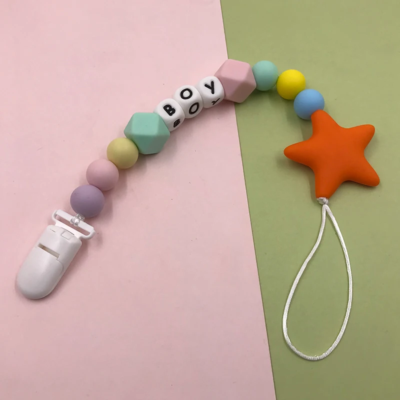 Soporte de cadena de chupete de silicona para beb&eacute;, productos de dentici&oacute;n, nombre personalizado, cuentas de silicona, estrella, mordedor, regalo de Ducha-3