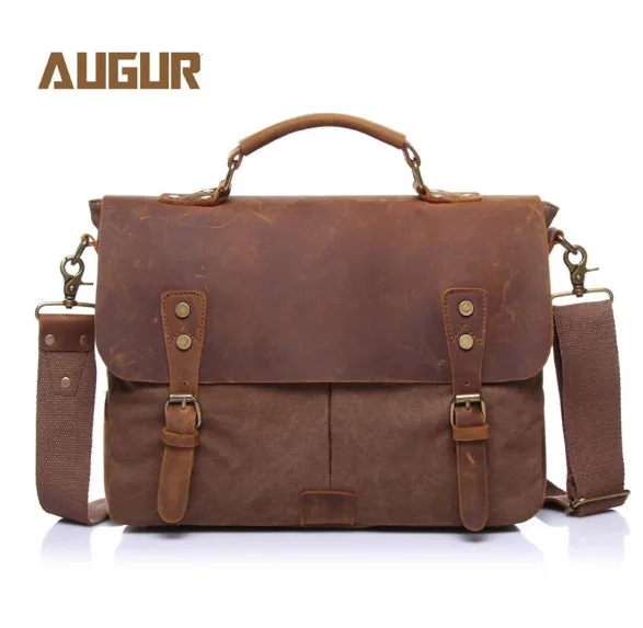 Vintage casual men's portable briefcase canvas postman bag Messenger bag with crazy horse leather 14 Inch Laptop Bag Cross Body