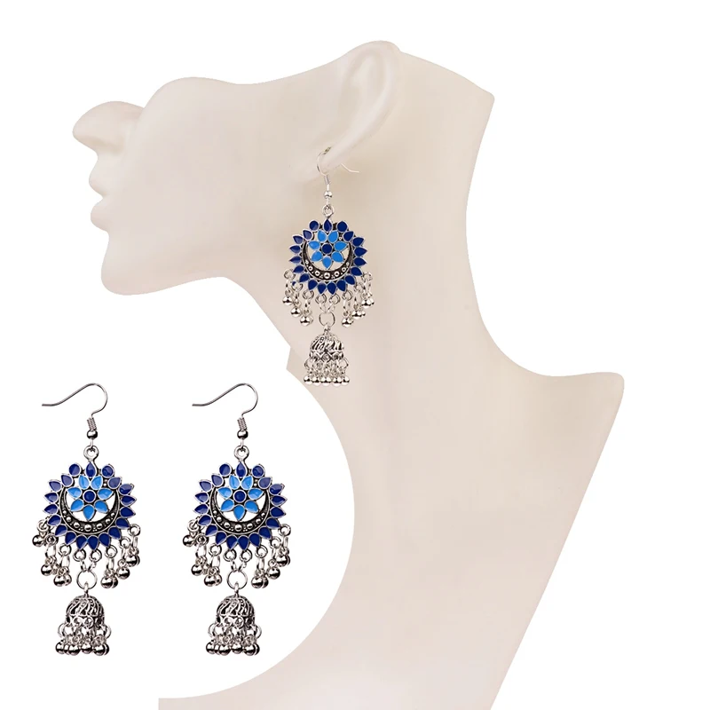 2020 индийские цыганские синие серьги Jhumka с цветком для женщин античные серебряные