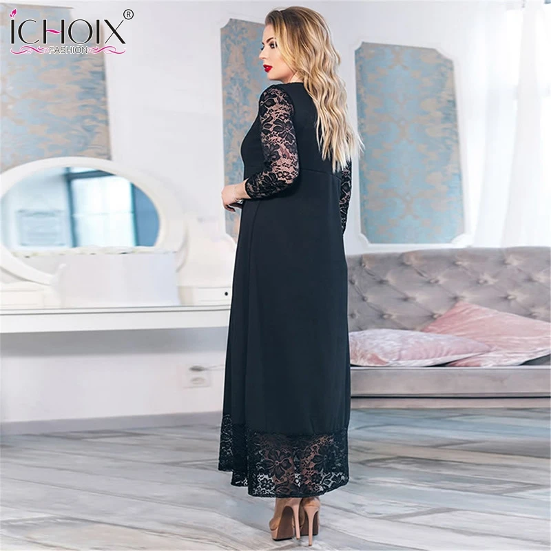 5XL 6XL женское черное кружевное длинное платье 2019 высококачественные Лоскутные