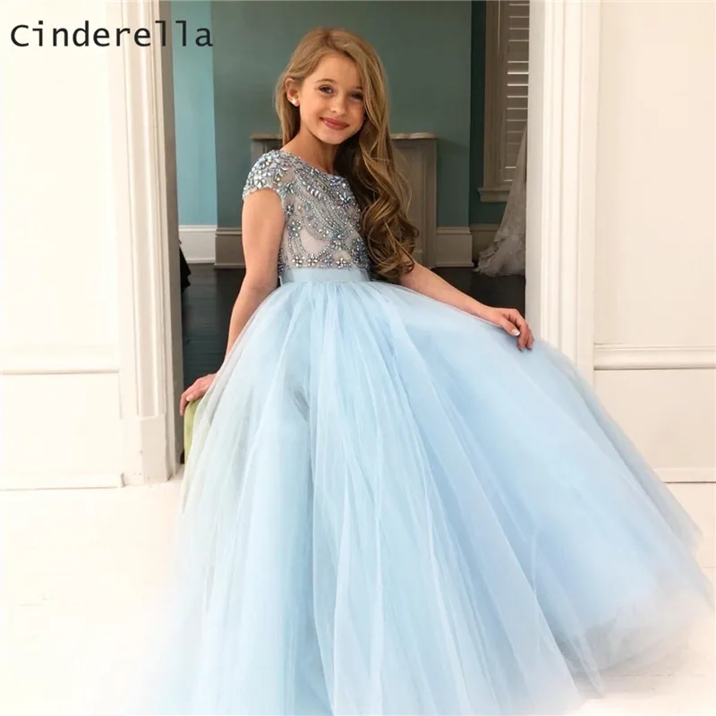 

Cinderella Luxury Crytal Beading Scoop Cap Sleeves Soft Tulle Flower Girls Dresses Zipper Back Crystal Little Girl Party Gown