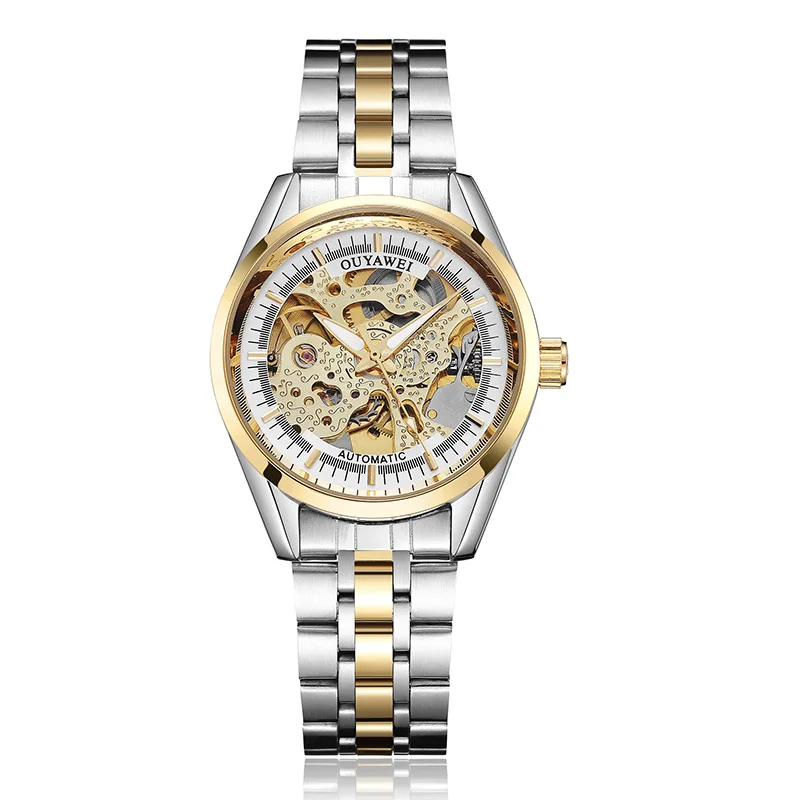 Gold for woman Часы для влюбленных, пара автоматических механических часов, модные повседневные часы из нержавеющей стали с золотым скелетом, наручные часы OUYAWEI, бренд - Цвет: Gold for woman