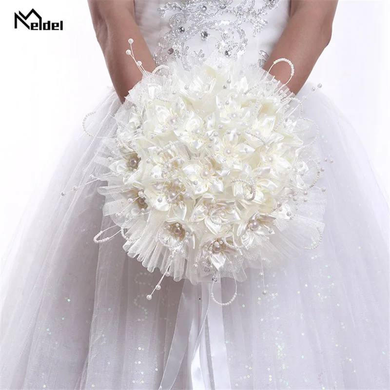 Meldel Bridal Wedding Bouquet Bridesmaid Holding Flower Silk Rose White Fake Pearl for Bride Marriage Supplies | Свадьбы и торжества