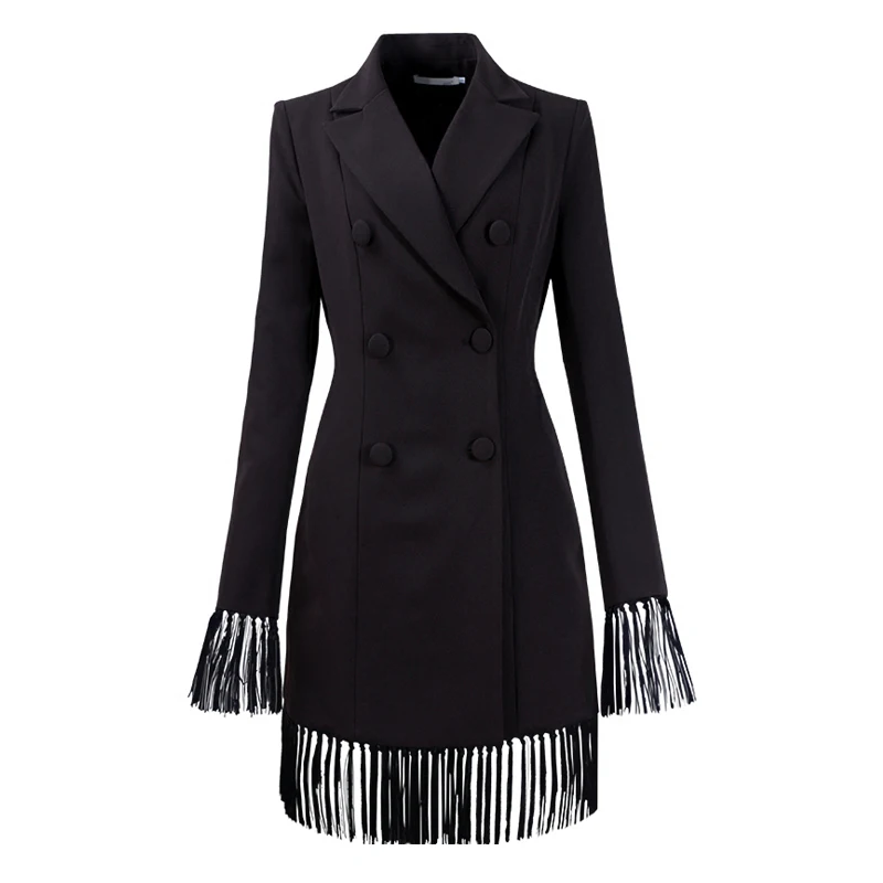 

High quality 2018 new fashion high-end big brand solid color tassel double-breasted casual woman jacket dress two color choice