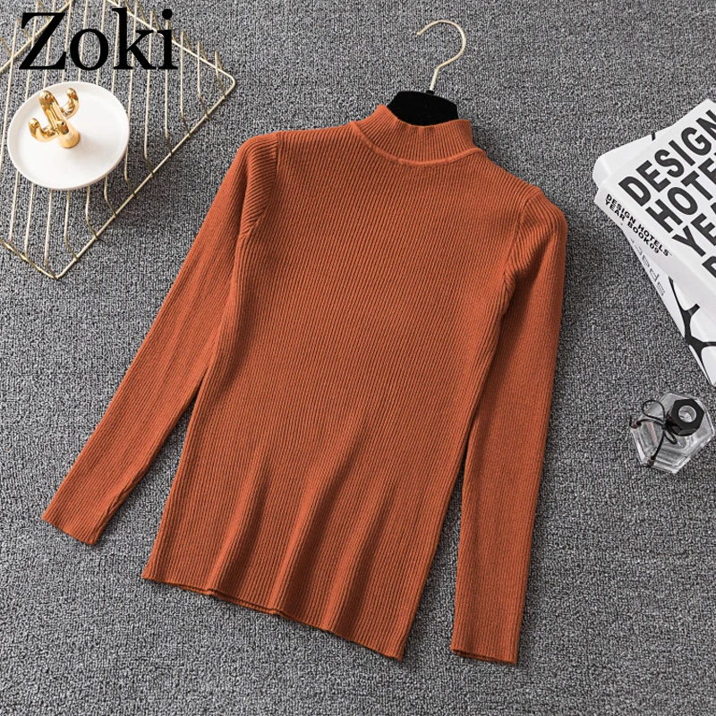 Zoki Autumn Warm Women Sweater Tight Half Turtleneck Elastic Solid Knitted Korean Pullovers Top Long Sleeve Winter Basic Jumper | Женская