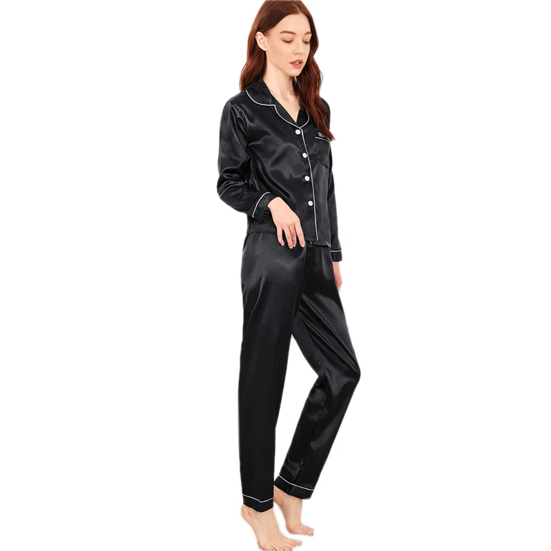 Dotfashion черный кнопка письмо атлас с вышивкой пижамный комплект повседневные пижамы для Для женщин сезон: весна–лето с длинным рукавом пижамы