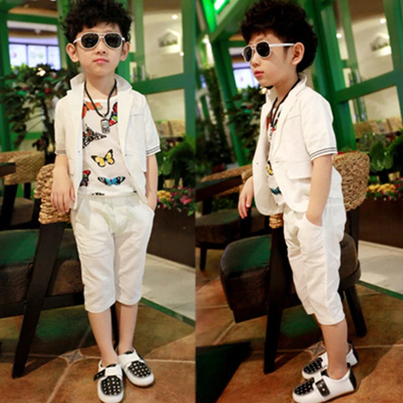 ActhInK New Summer Children 2Pcs Solid Short Sleeve Suit for Boys Kids Korean Style Cotton Clothing Set Formal ZC094 | Мать и ребенок