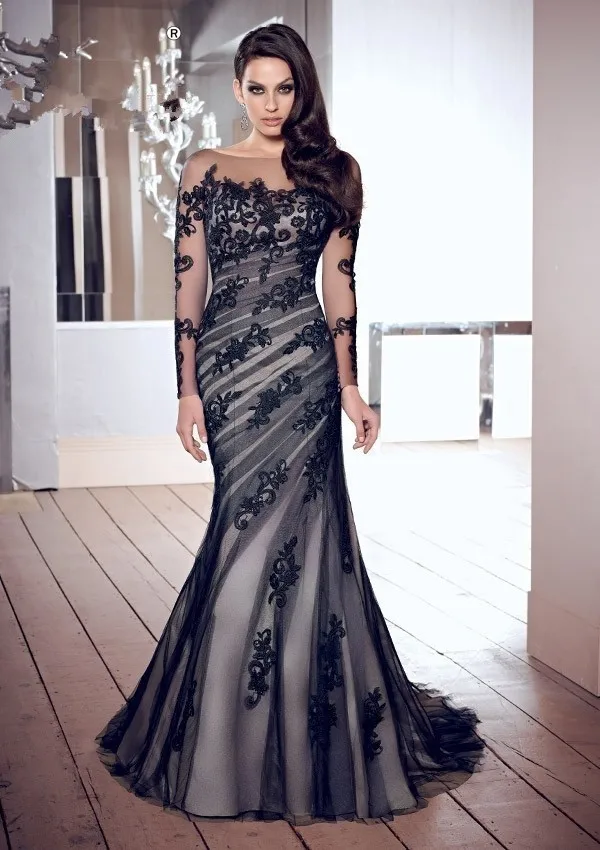 Maxidress Mermaid Long Sleeve Appliqued Fall Evening Dress Women Party Scoop Court Train 2015 vestidos de festa longo | Свадьбы и