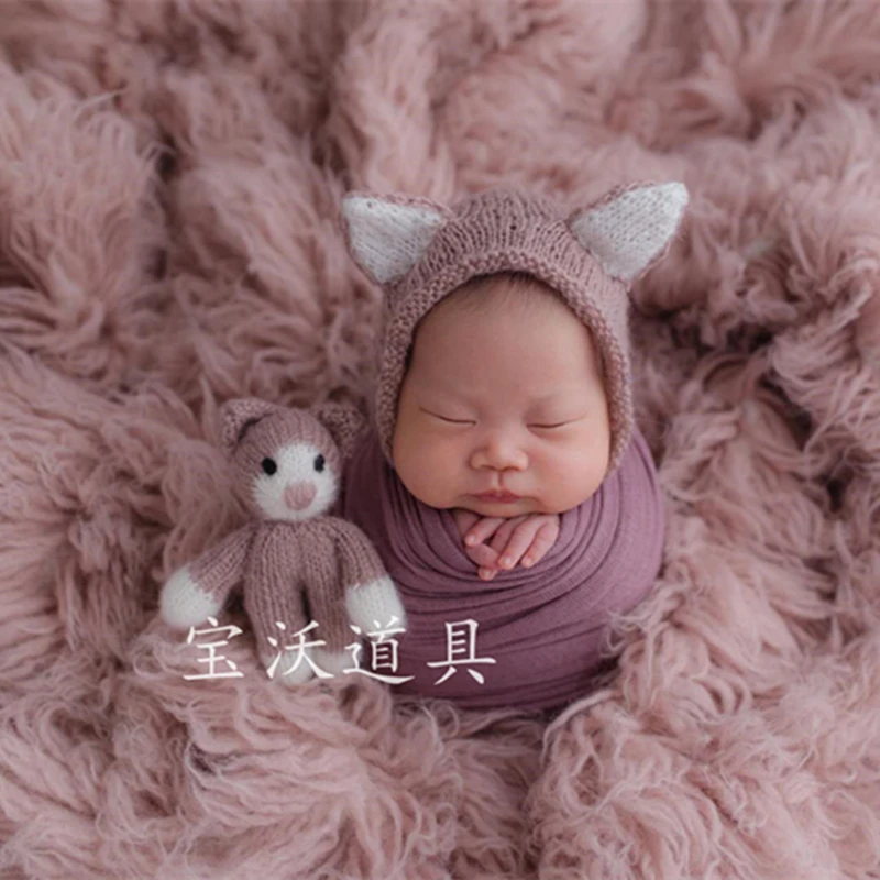 

Crochet mohair baby bonnet toy set Newborn bonnet hat matched Lovely toy Baby beanie hat photo props
