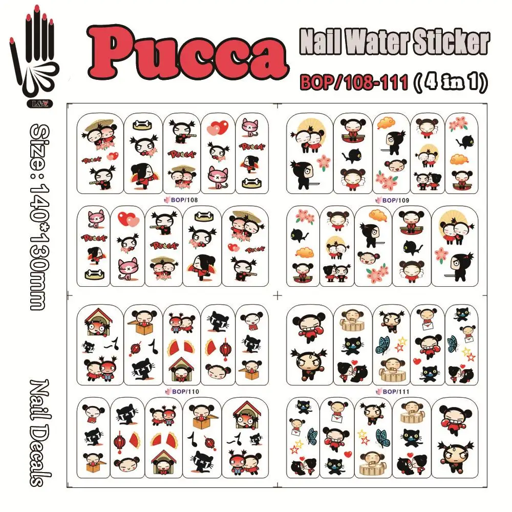 4 листа/лот переводные наклейки для ногтей BOP108-111 Pucca Nail Art wrap Водные Наклейки для ногтей аксессуары(4 вида конструкций в 1