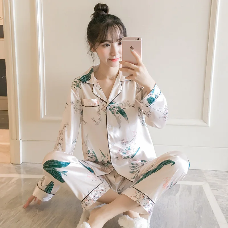 B Женская Осенняя длинная искусственная шелковая одежда для сна атласная