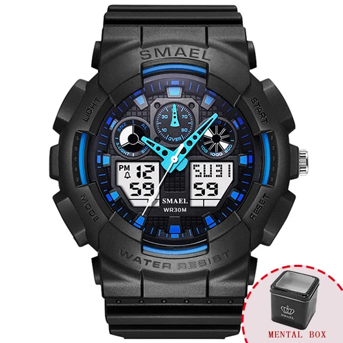 Blue Box SMAEL, мужские часы, большой циферблат, электронные часы, Автоматическая Дата, повседневные, для дайвинга, кварцевые часы, цифровые, 1027, мужские, светодиодный, спортивные часы - Цвет: Blue Box
