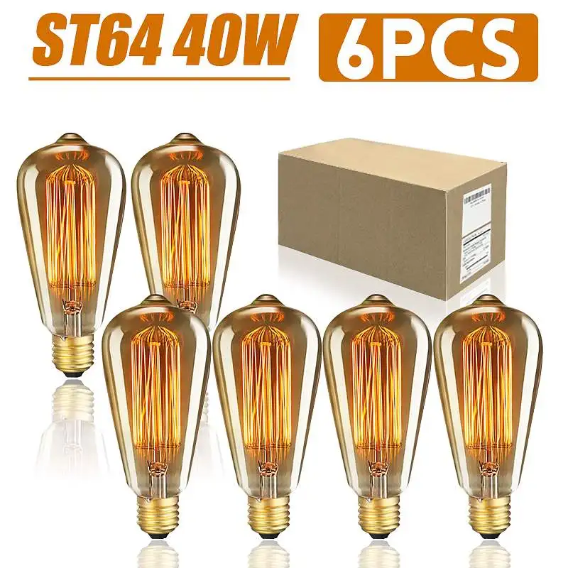 

6 шт./кор. ST64 E27 светодиодный 40W светодиоидная лампа с регулируемой яркостью лампы Эдисона античный Винтаж лампа накаливания светильник 2200K ...