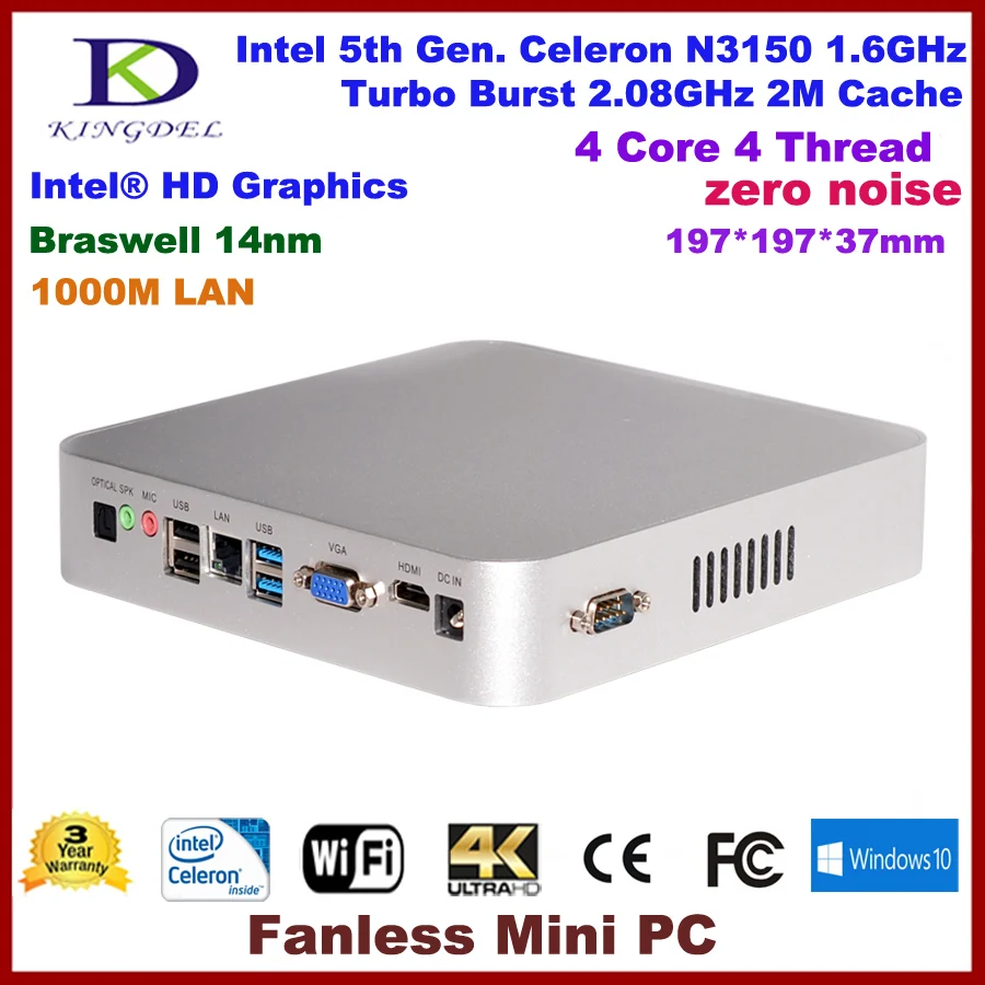 

5th Gen. 14mn Quad Core CPU,Celeron N3150 Intel Braswell,Barebone,Intel NUC,Fanless Mini PC,HTPC,HDMI+VGA+USB3.0,3Years Warranty