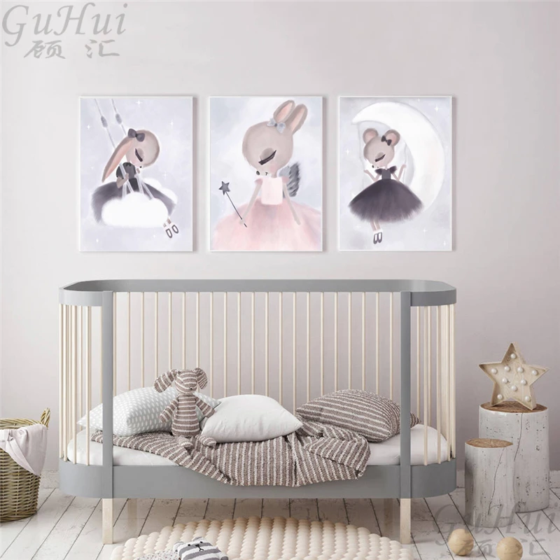 Modern Cartoon Spray Color Girls Mouse Rabbit Canvas Poster Print Wall Home Nursery Kids Bedroom Decoration Painting No Frame | Дом и сад
