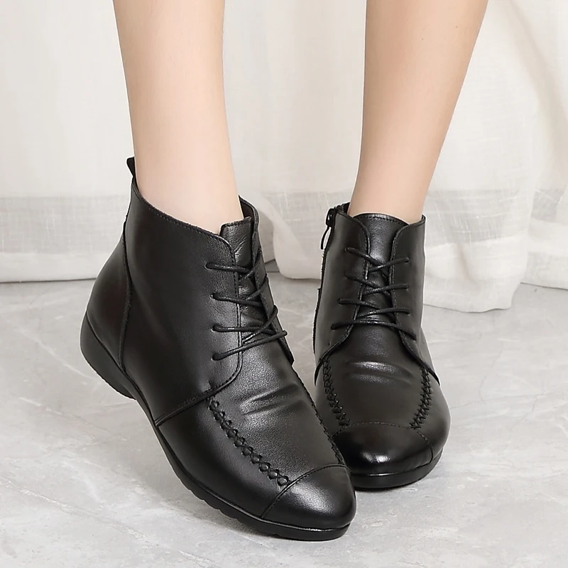 ZZPOHE Fashion Genuine Leather Women Boots Women's Soft Flat Ankle Shoes Femme Ladies Warm Snow Winter | Обувь